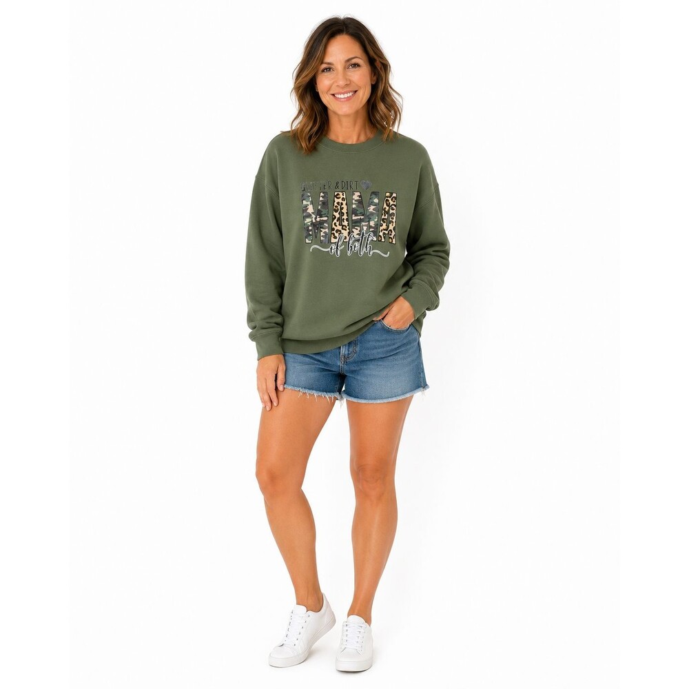 "Glitter & Dirt Mama" Graphic Sweatshirt M Leopard Camo Print Olive Green Gildan
